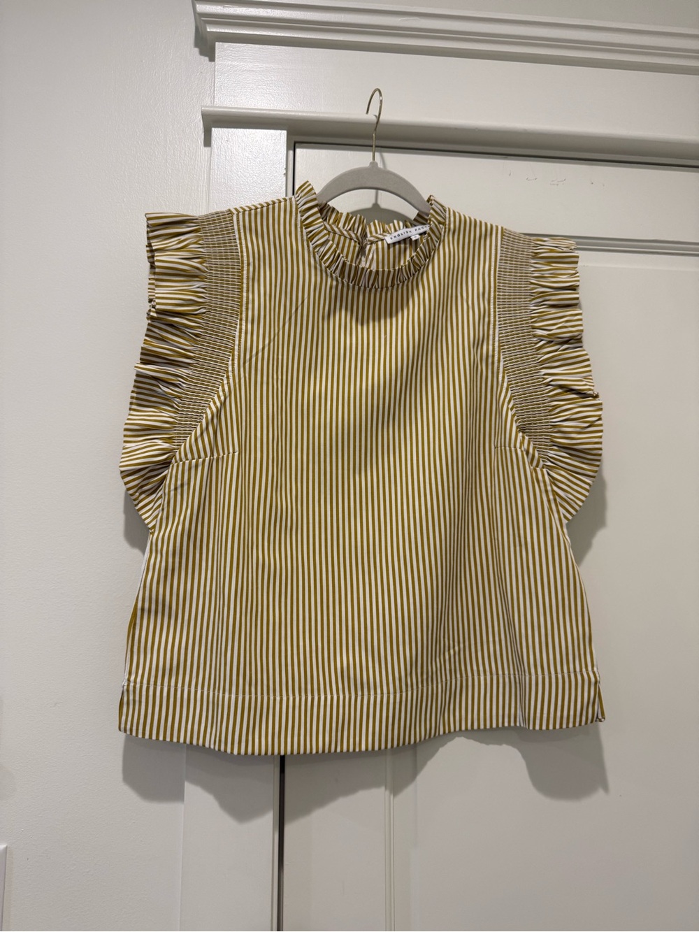 English Factory Yellow and White Striped Ruffle Sleeve Top
